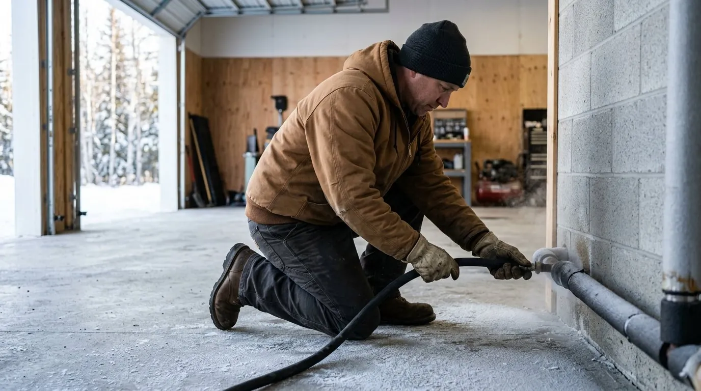 A plumber in a work jacket and knit hat kneels on the concrete floor of an open garage, connecting a black hose to a water line along a cinder-block wall, with snow-covered trees visible through the open door behind him.